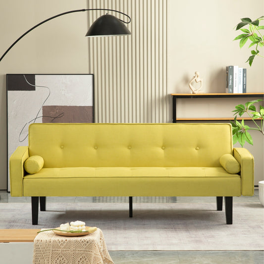 Divano letto futon convertibile giallo a 3 posti con gambe in legno