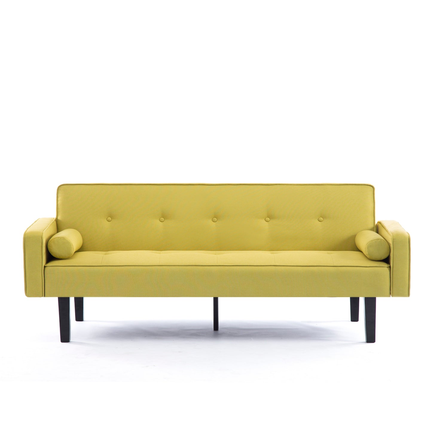 Divano letto futon convertibile giallo a 3 posti con gambe in legno