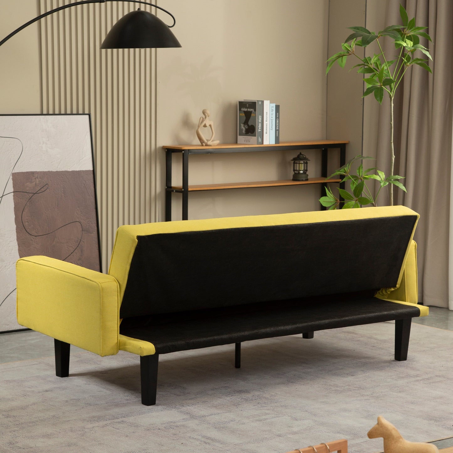 Divano letto futon convertibile giallo a 3 posti con gambe in legno