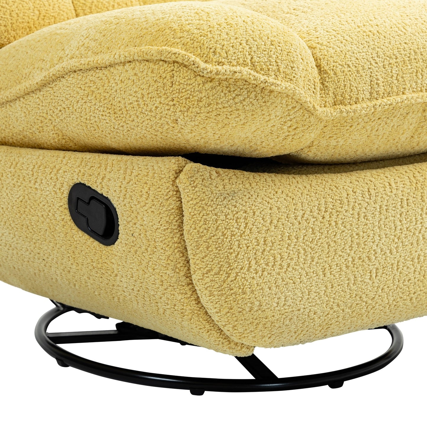 Poltrona reclinabile manuale girevole a 360° con rivestimento in ciniglia gialla di grandi dimensioni, poggiapiedi esteso e schienale imbottito