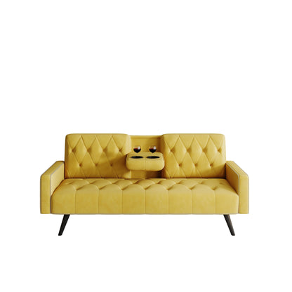 Divano letto a 3 posti in velluto giallo con borchie e portabicchieri