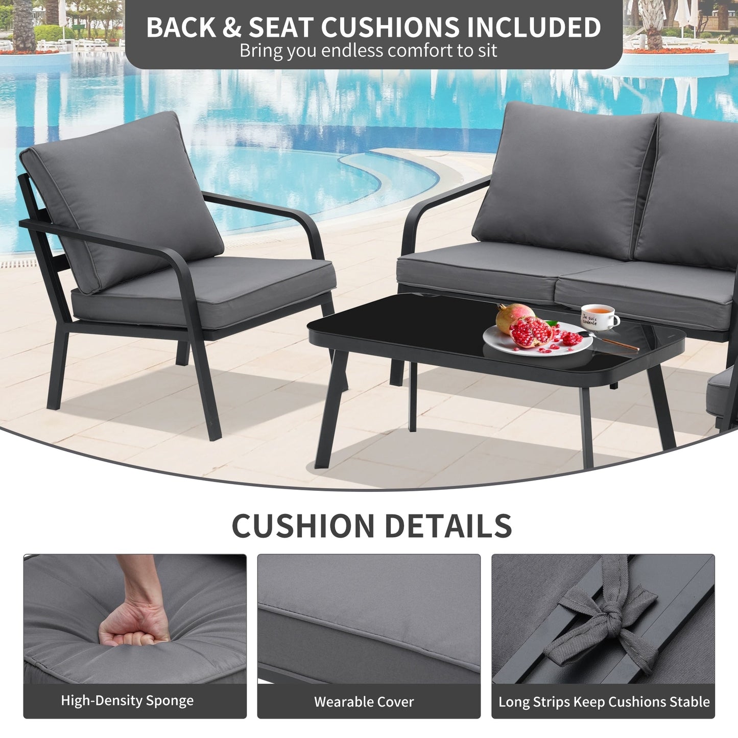 Set da conversazione per patio in alluminio Zenova da 2/4 pezzi, divano componibile da esterno con sedie singole