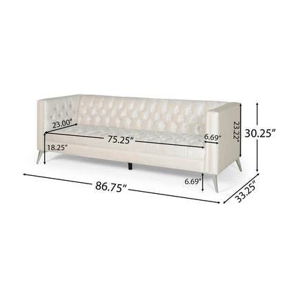 Divano Zexy, 3 posti, capitonné, Chesterfield, velluto beige, cromato