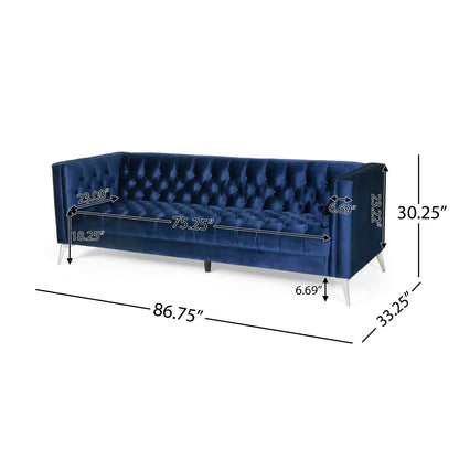 Divano Zexy, 3 posti Chesterfield con braccioli trapuntati, velluto blu