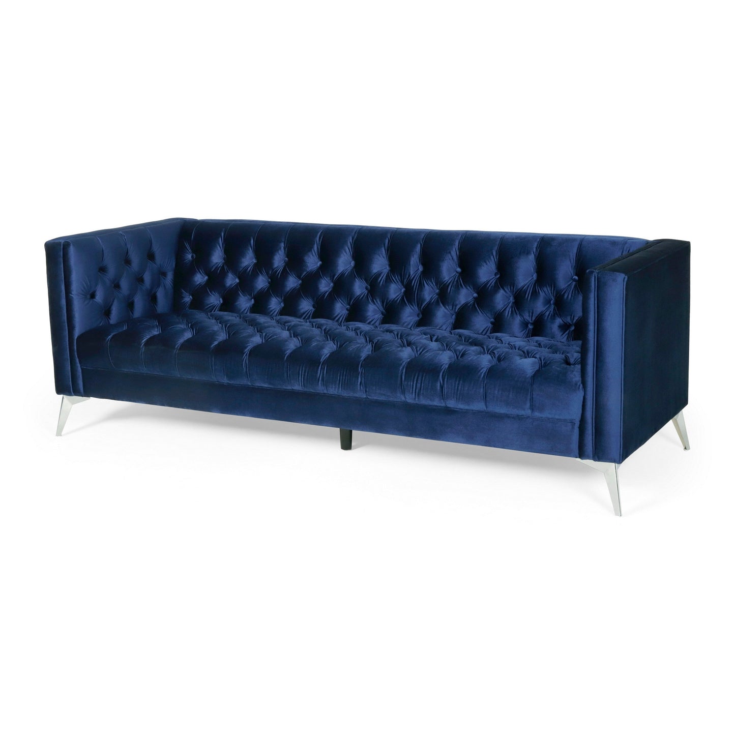 Divano Zexy, 3 posti Chesterfield con braccioli trapuntati, velluto blu